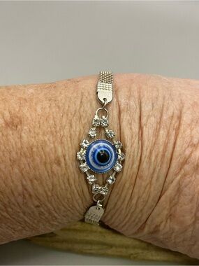 Evil Eye Bracelet Silver Blue Turkish Nazar Rhinestone Crystal Mesh Chain